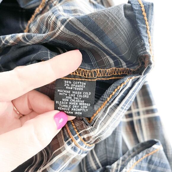 Buckle Black Western Mens Shirt Snap Up Long Sleeve Plaid Blue Slim Fit XL - Picture 4 of 8